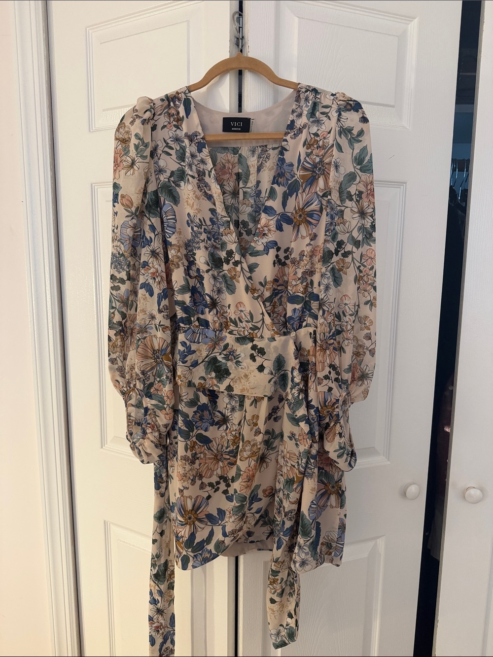 VICI Cream Floral Wrap Mini Dress with Blue & Green Bouquet